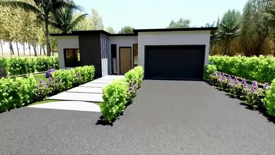 Still frame from a 3D walkthrough render of a finished ADU exterior and driveway