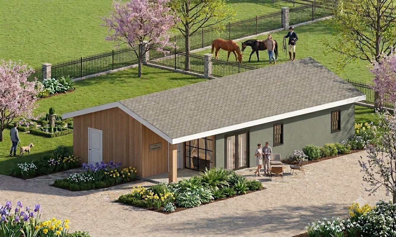 The Chatsworth exterior render, showing the finished ADU with a covered patio and garden landscaping