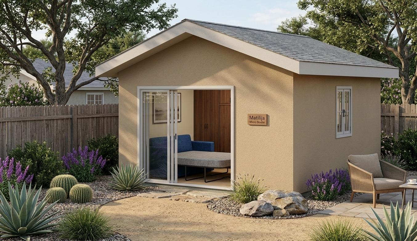 The Matilija exterior render, showing the finished ADU with a patio and desert landscaping
