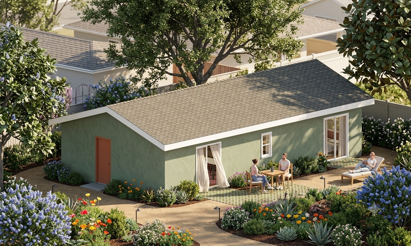 The Royal Oaks exterior render, showing the finished ADU with a side patio and garden landscaping