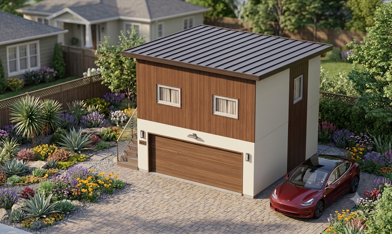 The Skylark exterior render, an above-garage ADU with a modern shed roof and wood-panel siding