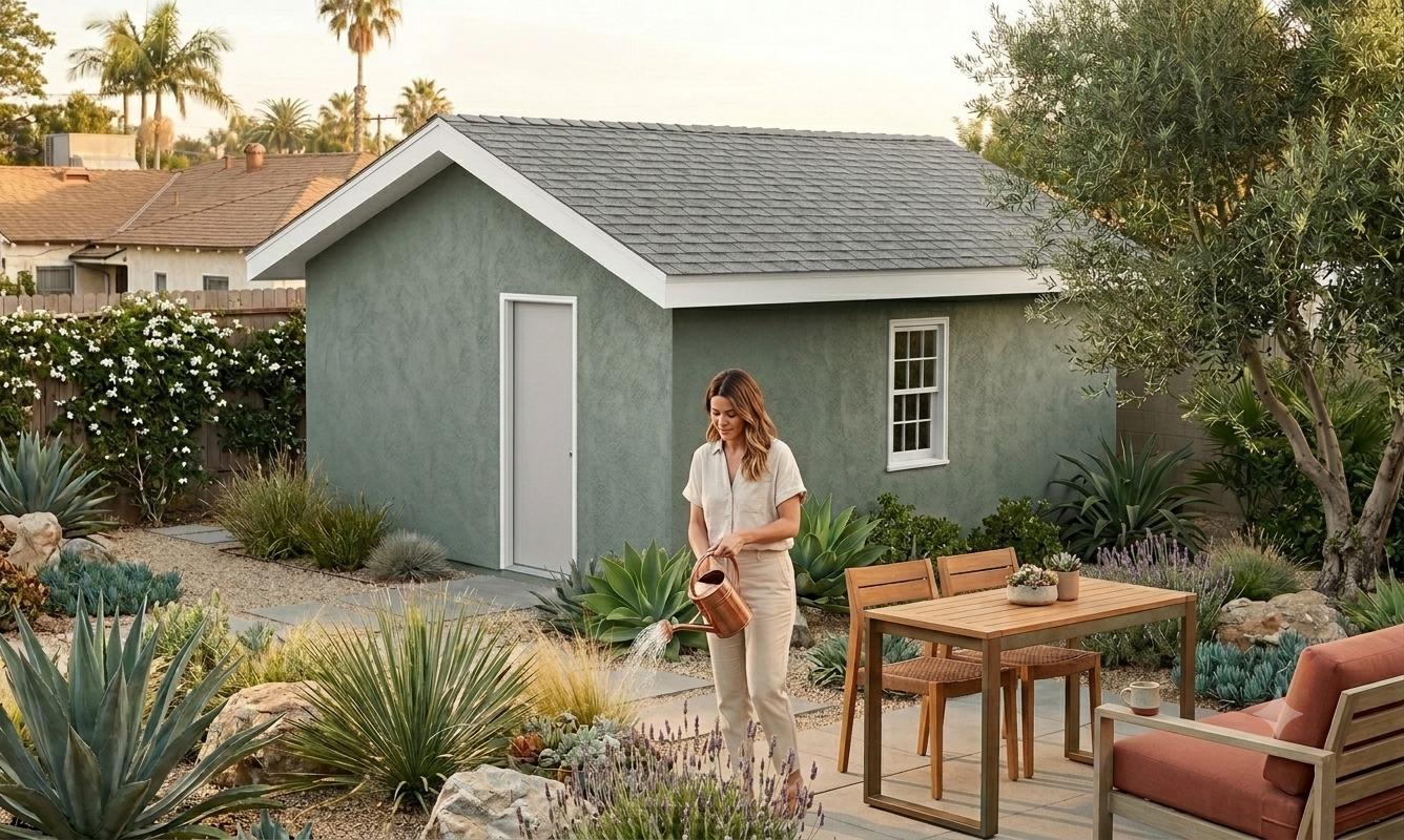 The Topanga exterior render, showing the finished studio with a patio and garden landscaping